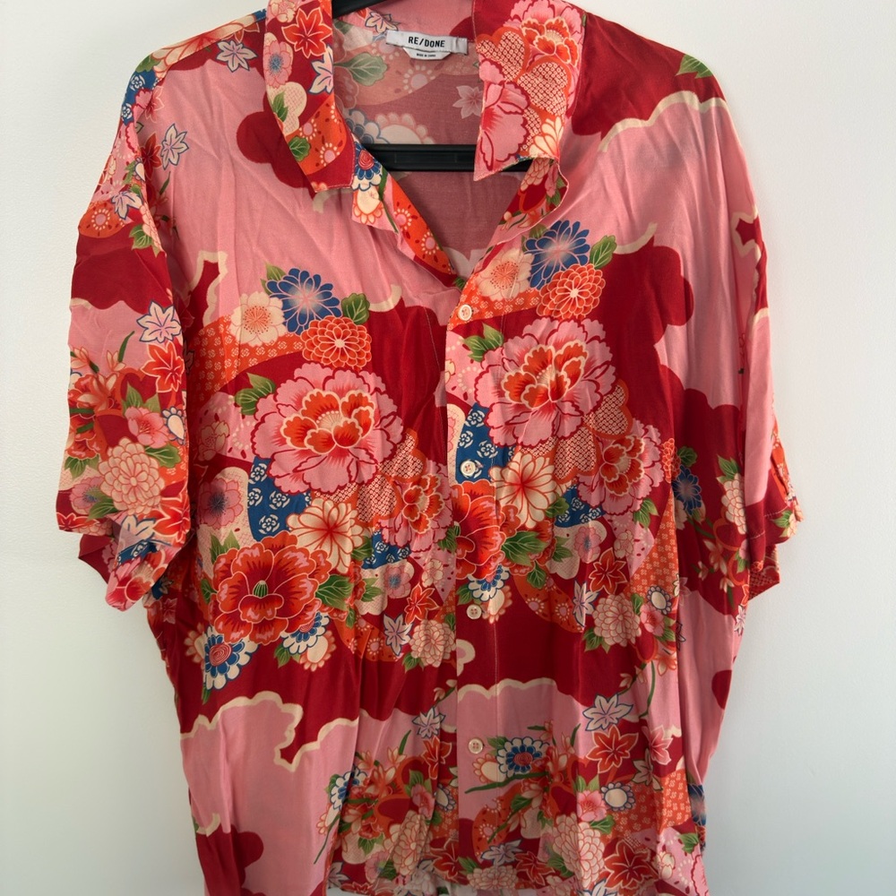 Re/Done Pink and Red Floral Button Down Shirt